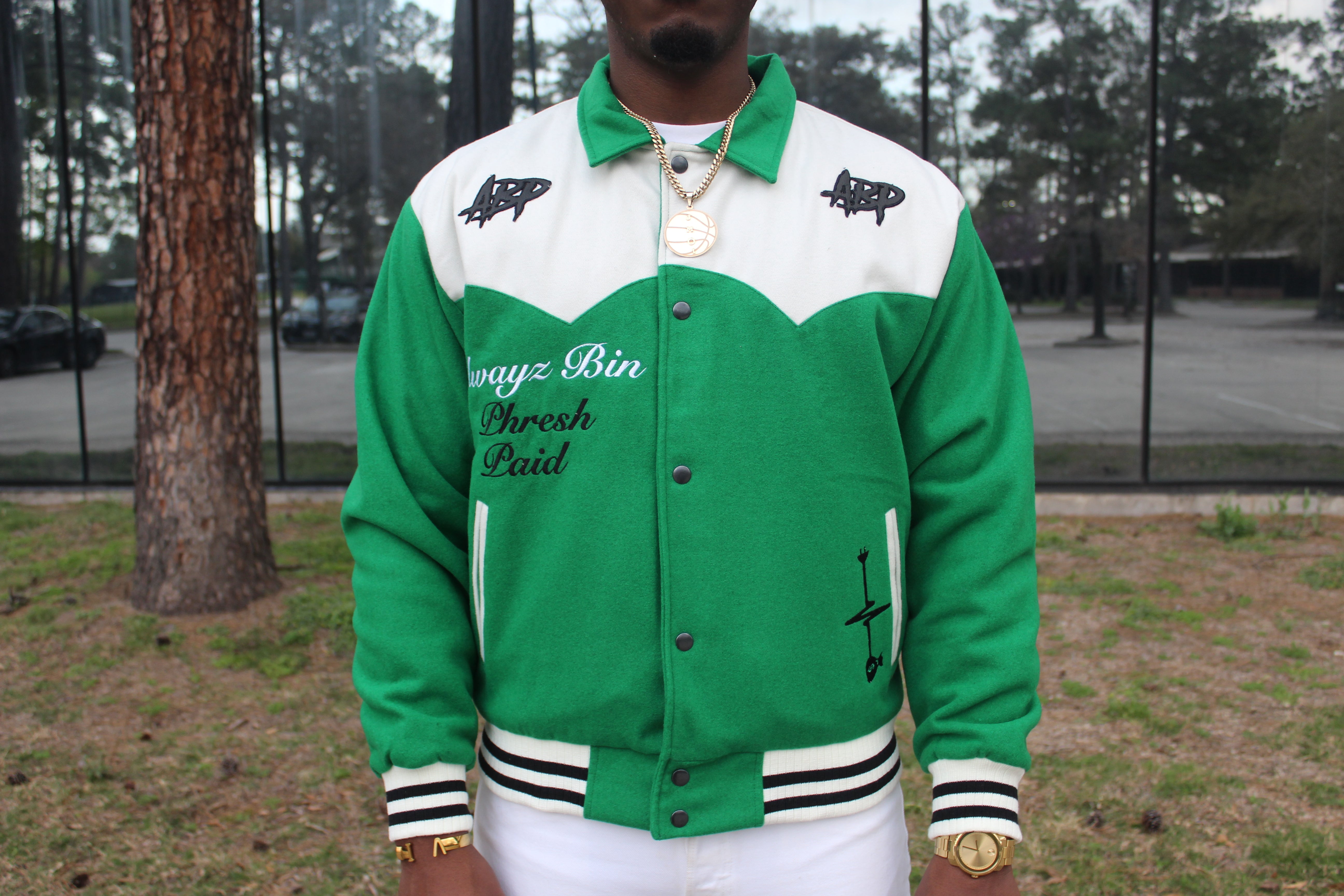 Alwayz Bin Phresh Money Green Byron Collar Varsity Jacket Small